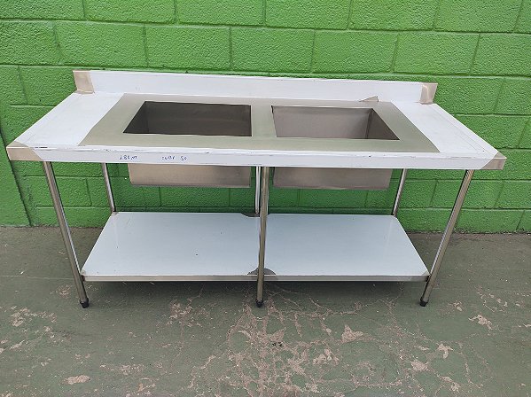 PIA DE AÇO INOX 1,80x0,70x0,85 2 CUBA 50x40x25 C/ PRATELEIRA INFERIOR LISA