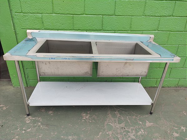 PIA DE AÇO INOX 1,80x0,70x0,85 2 CUBA 60x50x25 C/ PRATELEIRA INFERIOR LISA