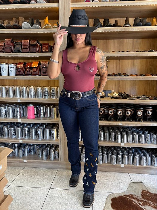 Calça Flare Bordada Cavalinhos Fazendeiros