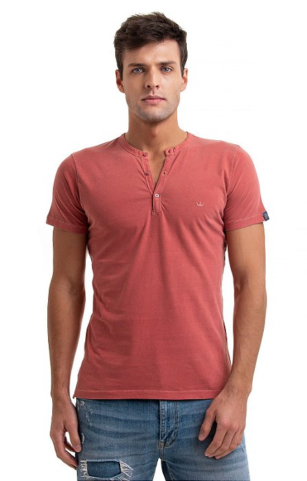 Camiseta henley portuguesa manga curta Salmão