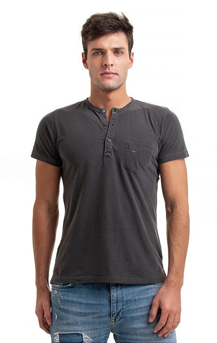 Camiseta henley portuguesa manga curta preto destonado