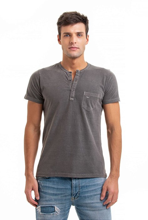 Camiseta  henley portuguesa manga curta grafite