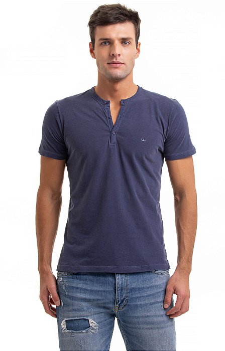 Camiseta henley portuguesa manga curta azul