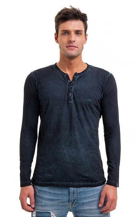 Camiseta henley portuguesa manga longa azul