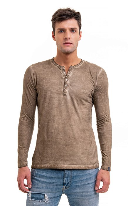 Camiseta henley portuguesa manga longa bege