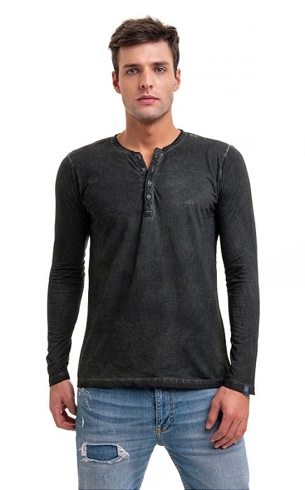 Camiseta henley portuguesa manga longa verde musgo