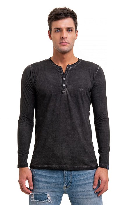 Camiseta henley portuguesa manga longa grafite