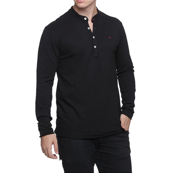 Malha gola padre manga longa slim fit preta