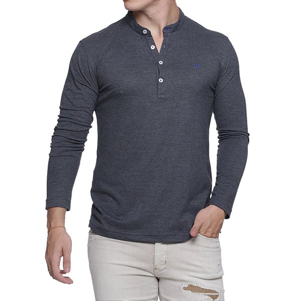 Malha gola padre manga longa slim fit grafite