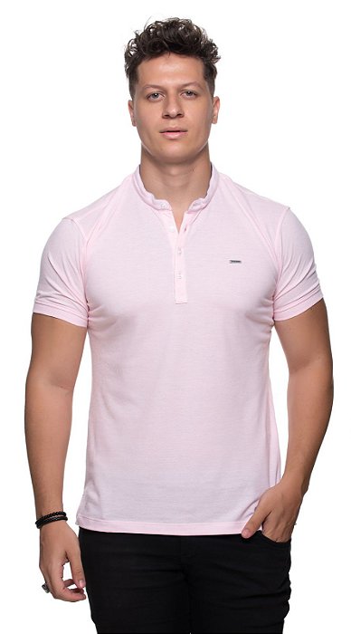 Malha gola padre manga curta rosa claro slim fit