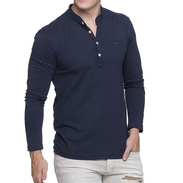 Malha gola padre manga longa slim fit azul marinho