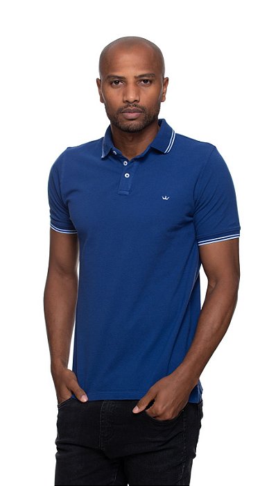 Polo algodão pima manga curta azul risca slim fit