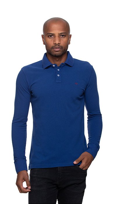 Polo em algodão pima manga longa rugby azul petroleo slim fit