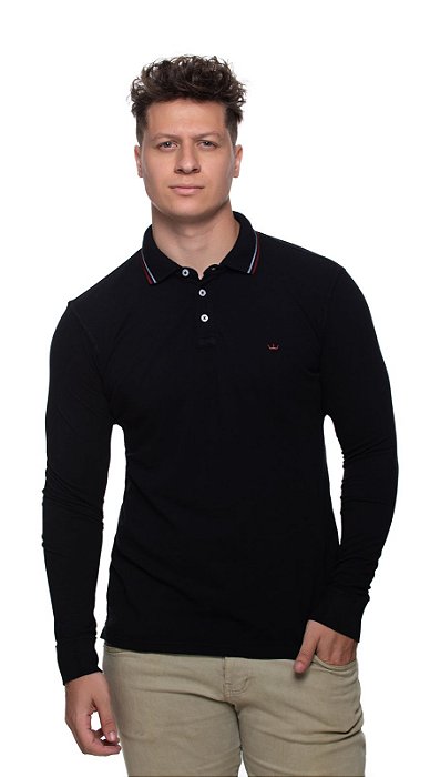Polo em algodão pima manga longa rugby preto slim fit