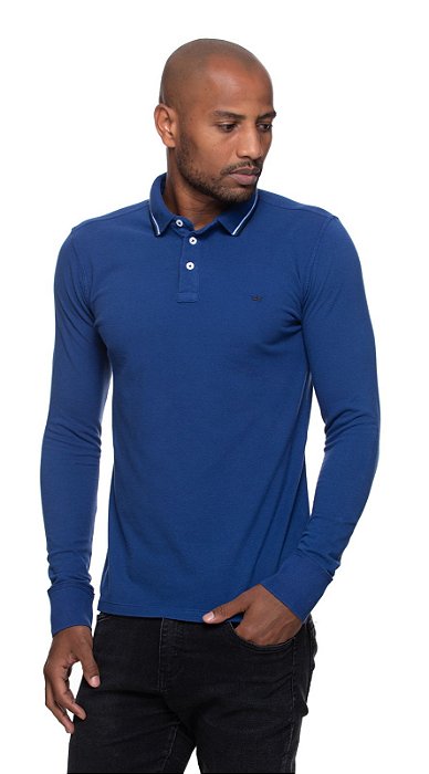 Polo em algodão pima manga longa rugby azul com frisos slim fit