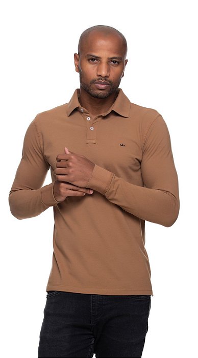 Polo em algodão pima manga longa rugby marrom slim fit