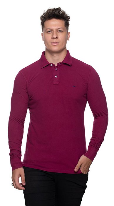 Polo em algodão pima manga longa rugby vinho slim fit