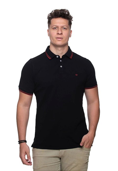 Polo algodão pima preto gola frisada slim fit