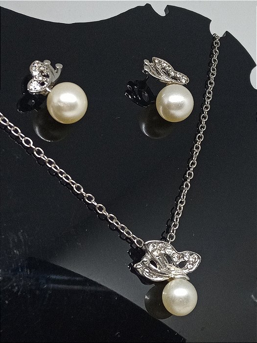 Conjunto Colar e Brincos Borboleta Folheado à prata