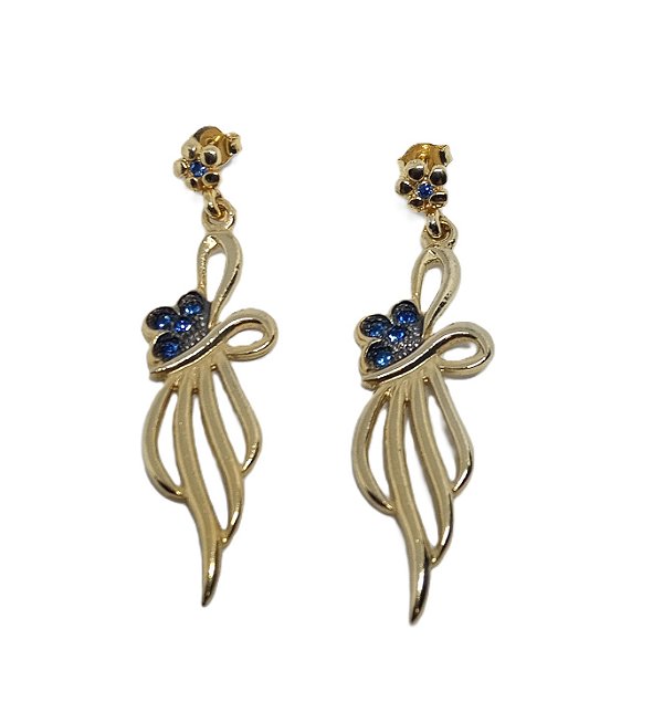 Brinco Laço Flor com brilhantes azuis 5cm