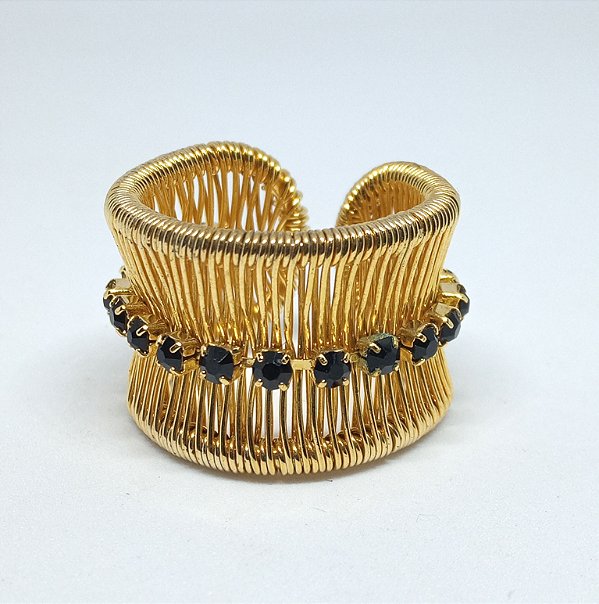 Anel ajustavel dourado com strass pretos