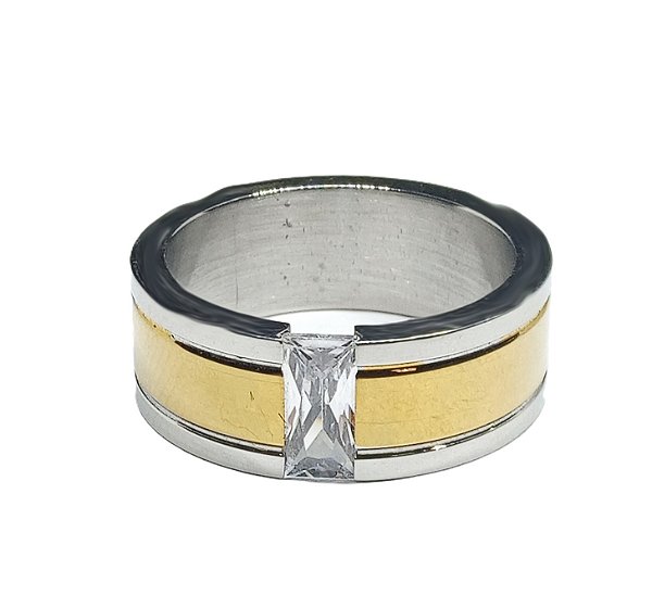 Anel Aliança Larga banho ouro branco e amarelo Aço Inox n19
