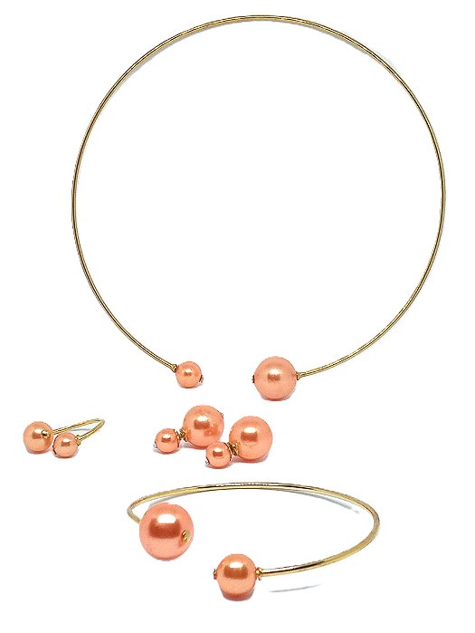 Conjunto Colar Shoker, Anel, Pulseira e Brincos Dourado - Laranja metálico