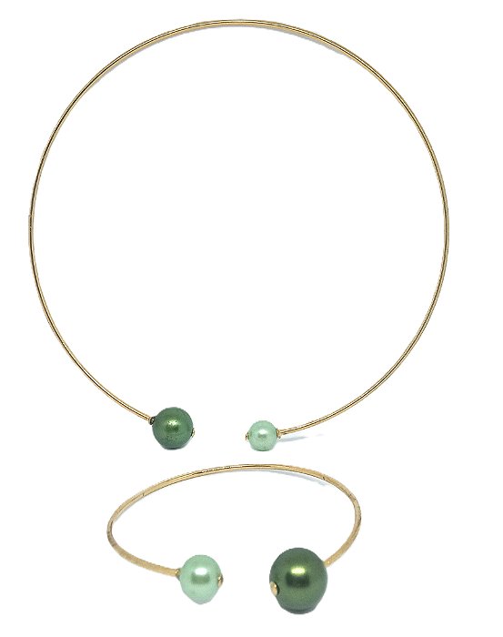 Conjunto colar Shoker e Pulseira - Dourado / verde metálico