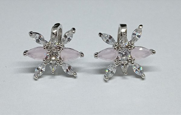 Brinco de Florzinha com Zirconia e Quartzo Rosa 1,5cm