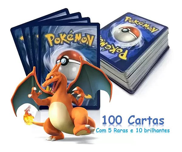 Kit com 100 Cartas Avulsas Pokemon com 5 Raras e 10 Brilhantes