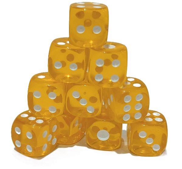 Conjunto de 10 Dados D6 - Amarelo translúcidos (lado 1cm)