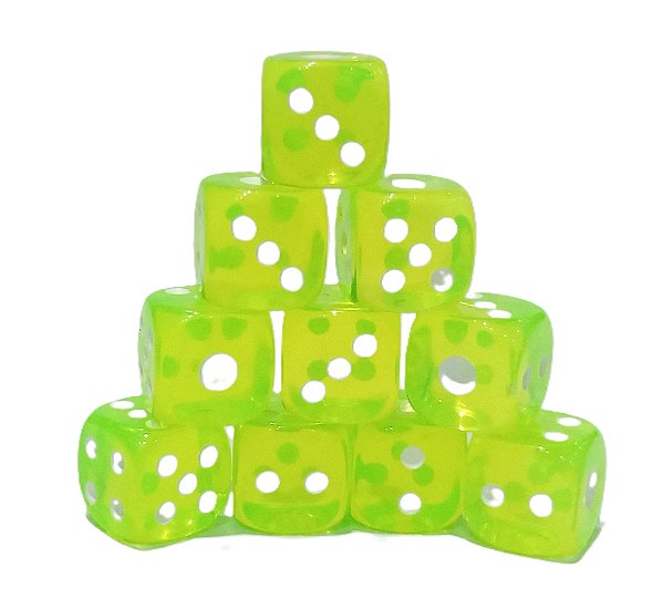 Conjunto de 10 Dados D6 - Verde Limão translúcidos (lado 1cm)