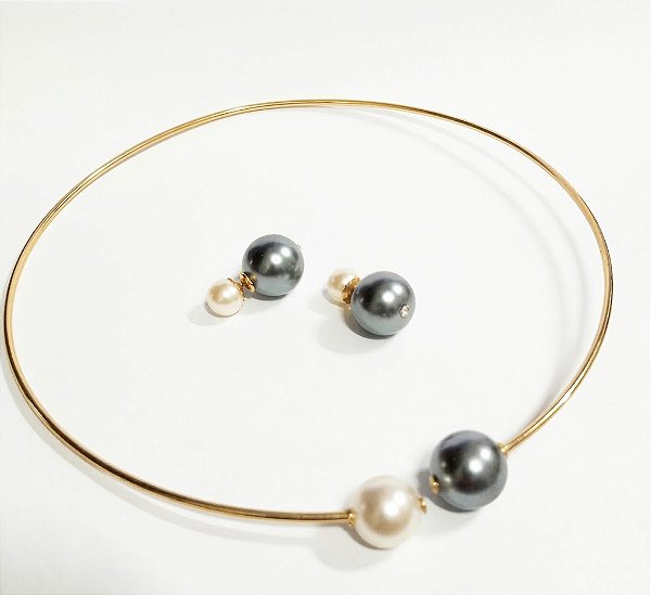 Conjunto colar Shoker e Brincos - Dourado / Perolado e Prata