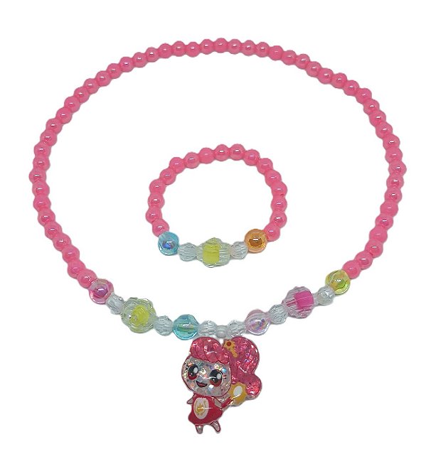 Colar infantil com miçangas ajustavel - Menina Rosa