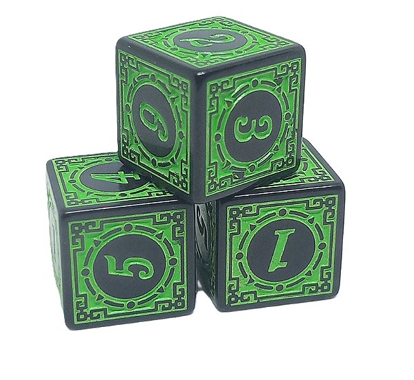 Conjunto de 3 Dados Verdes estilo Runas D6 - (lado 1,5cm)