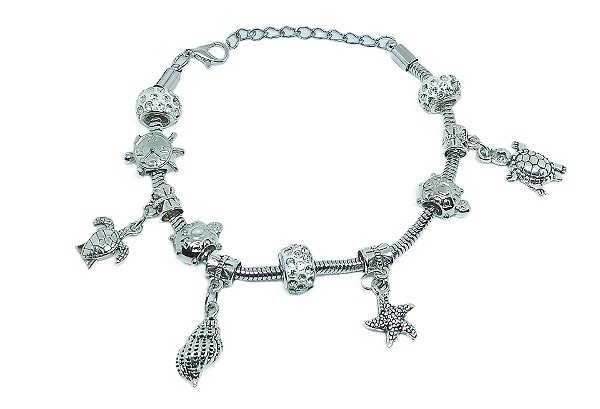 Pulseira Ajustável Prateada com Pingentes (Encanto do Mar) 23cm