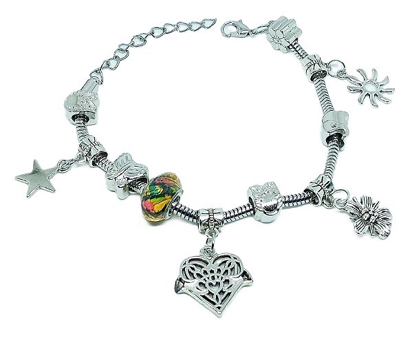 Pulseira Ajustável Prateada com Pingentes (Energia Positiva) 23cm