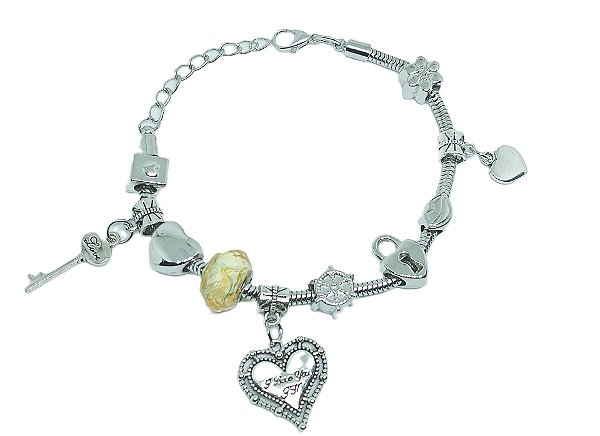 Pulseira Ajustável Prateada com Pingentes (Love) 23cm