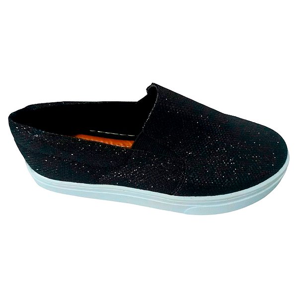 Tênis Slip On Preto Brilho Sapato Feminino Glitter 33 ao 43.