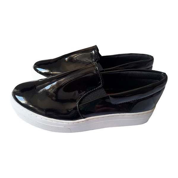 Tênis Slip On Preto Verniz Casual Confortável Tênis Unissex - Tam. 33 ao 43.