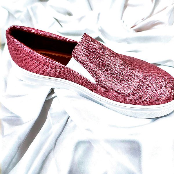 Tênis Slip On Rosa Brilho Sapato Feminino Glitter Rosa Tam. 33 ao 43.