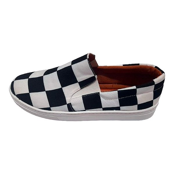 Tênis Slip On Xadrez Quadriculado Preto Branco Unissex Feminino e Masculino.
