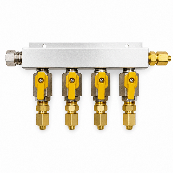 Régua Manifold Distribuidora de CO₂ 4 Vias para Regulador de Pressão