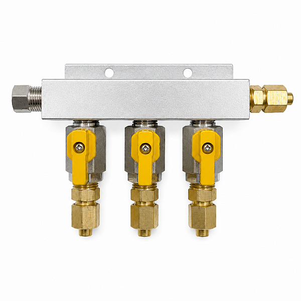 Régua Manifold Distribuidora de CO₂ 3 Vias para Regulador de Pressão
