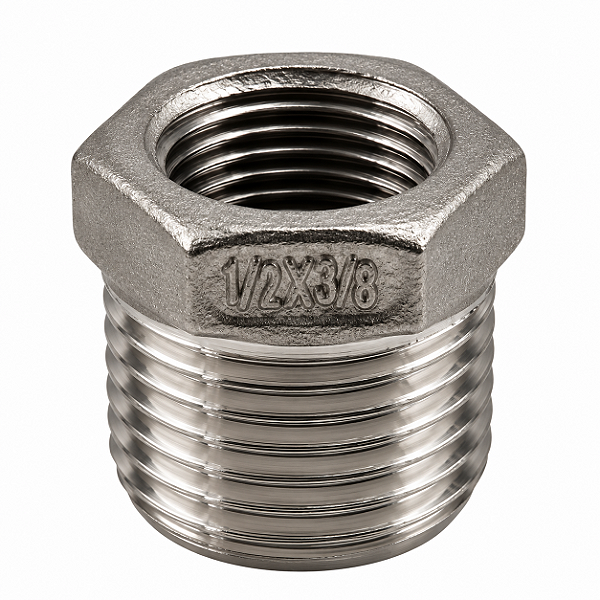 Bucha de Redução Aço Inox 304 – Macho 1/2" BSP x Fêmea 3/8" BSP