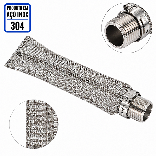 Bazooka - 6" x Tela 16 - Rosca Macho 1/2" NPT" - Aço Inox 304 HBS0021-06