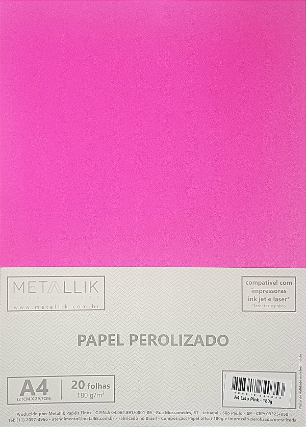 Papel perolado A4 Liso Pink 180g 20 folhas