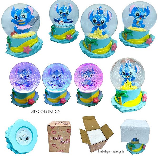 LUMINARIA DE CRISTAL COM LUZES COLORIDAS E EFEITO NEVE ( STITCH)