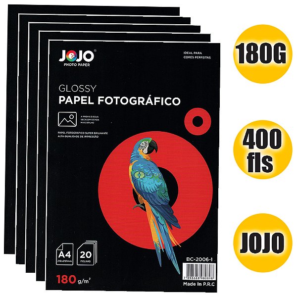Papel A4 Fotográfico 180g JoJo Auto Brilho - 400 Folhas