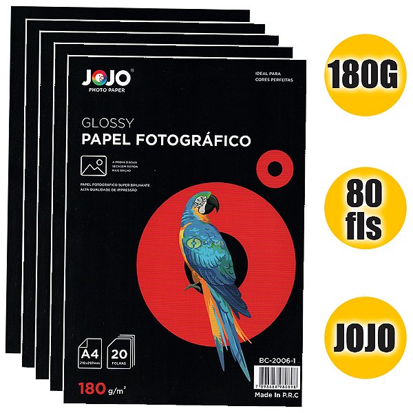 Papel A4 Fotográfico 180g JoJo Auto Brilho - 80 Folhas